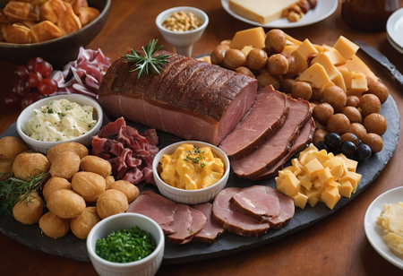 A rustic wooden board showcases the mouthwatering combination of thinly sliced smoked meat and assorted cheeses. The vibrant colors and textures create a visually appealing arrangement, perfect for a charcuterie spread or as an appetizing accompaniment to wine.の素材