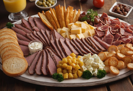 A rustic wooden board showcases the mouthwatering combination of thinly sliced smoked meat and assorted cheeses. The vibrant colors and textures create a visually appealing arrangement, perfect for a charcuterie spread or as an appetizing accompaniment to wine.の素材