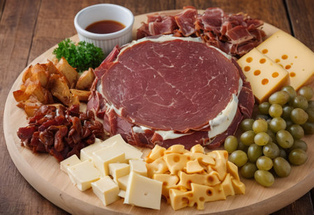 A rustic wooden board showcases the mouthwatering combination of thinly sliced smoked meat and assorted cheeses. The vibrant colors and textures create a visually appealing arrangement, perfect for a charcuterie spread or as an appetizing accompaniment to wine.の素材
