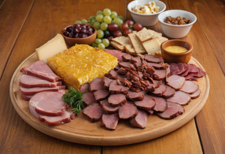 A rustic wooden board showcases the mouthwatering combination of thinly sliced smoked meat and assorted cheeses. The vibrant colors and textures create a visually appealing arrangement, perfect for a charcuterie spread or as an appetizing accompaniment to wine.の素材