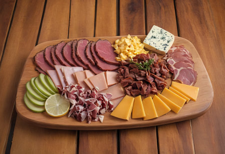 A rustic wooden board showcases the mouthwatering combination of thinly sliced smoked meat and assorted cheeses. The vibrant colors and textures create a visually appealing arrangement, perfect for a charcuterie spread or as an appetizing accompaniment to wine.の素材
