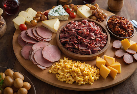 A rustic wooden board showcases the mouthwatering combination of thinly sliced smoked meat and assorted cheeses. The vibrant colors and textures create a visually appealing arrangement, perfect for a charcuterie spread or as an appetizing accompaniment to wine.の素材