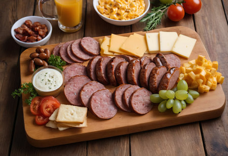 A rustic wooden board showcases the mouthwatering combination of thinly sliced smoked meat and assorted cheeses. The vibrant colors and textures create a visually appealing arrangement, perfect for a charcuterie spread or as an appetizing accompaniment to wine.の素材