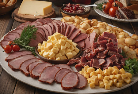 A rustic wooden board showcases the mouthwatering combination of thinly sliced smoked meat and assorted cheeses. The vibrant colors and textures create a visually appealing arrangement, perfect for a charcuterie spread or as an appetizing accompaniment to wine.の素材