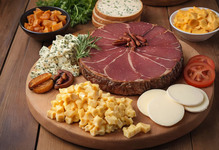 A rustic wooden board showcases the mouthwatering combination of thinly sliced smoked meat and assorted cheeses. The vibrant colors and textures create a visually appealing arrangement, perfect for a charcuterie spread or as an appetizing accompaniment to wine.の素材