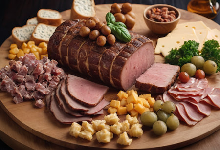 A rustic wooden board showcases the mouthwatering combination of thinly sliced smoked meat and assorted cheeses. The vibrant colors and textures create a visually appealing arrangement, perfect for a charcuterie spread or as an appetizing accompaniment to wine.の素材