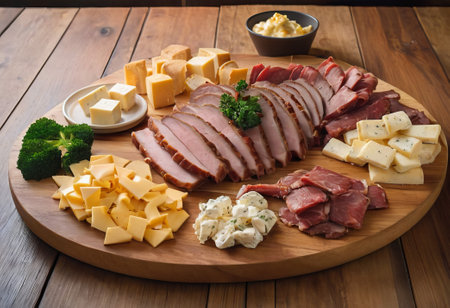 A rustic wooden board showcases the mouthwatering combination of thinly sliced smoked meat and assorted cheeses. The vibrant colors and textures create a visually appealing arrangement, perfect for a charcuterie spread or as an appetizing accompaniment to wine.の素材