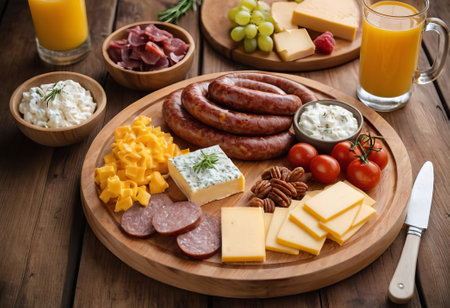 A rustic wooden board showcases the mouthwatering combination of thinly sliced smoked meat and assorted cheeses. The vibrant colors and textures create a visually appealing arrangement, perfect for a charcuterie spread or as an appetizing accompaniment to wine.の素材