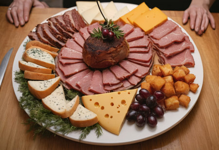 A rustic wooden board showcases the mouthwatering combination of thinly sliced smoked meat and assorted cheeses. The vibrant colors and textures create a visually appealing arrangement, perfect for a charcuterie spread or as an appetizing accompaniment to wine.の素材