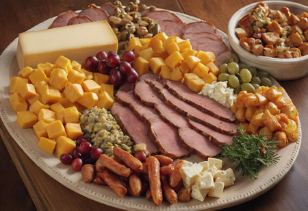 A rustic wooden board showcases the mouthwatering combination of thinly sliced smoked meat and assorted cheeses. The vibrant colors and textures create a visually appealing arrangement, perfect for a charcuterie spread or as an appetizing accompaniment to wine.の素材