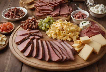 A rustic wooden board showcases the mouthwatering combination of thinly sliced smoked meat and assorted cheeses. The vibrant colors and textures create a visually appealing arrangement, perfect for a charcuterie spread or as an appetizing accompaniment to wine.の素材