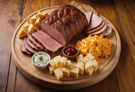 A rustic wooden board showcases the mouthwatering combination of thinly sliced smoked meat and assorted cheeses. The vibrant colors and textures create a visually appealing arrangement, perfect for a charcuterie spread or as an appetizing accompaniment to wine.の素材