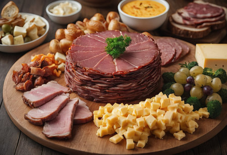 A rustic wooden board showcases the mouthwatering combination of thinly sliced smoked meat and assorted cheeses. The vibrant colors and textures create a visually appealing arrangement, perfect for a charcuterie spread or as an appetizing accompaniment to wine.の素材