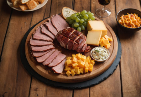 A rustic wooden board showcases the mouthwatering combination of thinly sliced smoked meat and assorted cheeses. The vibrant colors and textures create a visually appealing arrangement, perfect for a charcuterie spread or as an appetizing accompaniment to wine.の素材