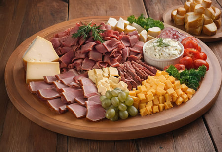 A rustic wooden board showcases the mouthwatering combination of thinly sliced smoked meat and assorted cheeses. The vibrant colors and textures create a visually appealing arrangement, perfect for a charcuterie spread or as an appetizing accompaniment to wine.の素材