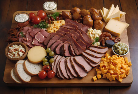 A rustic wooden board showcases the mouthwatering combination of thinly sliced smoked meat and assorted cheeses. The vibrant colors and textures create a visually appealing arrangement, perfect for a charcuterie spread or as an appetizing accompaniment to wine.の素材