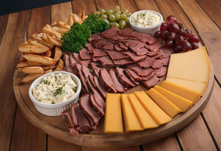 A rustic wooden board showcases the mouthwatering combination of thinly sliced smoked meat and assorted cheeses. The vibrant colors and textures create a visually appealing arrangement, perfect for a charcuterie spread or as an appetizing accompaniment to wine.の素材