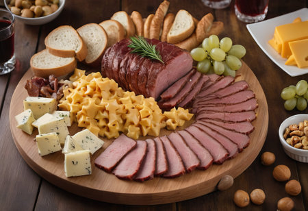 A rustic wooden board showcases the mouthwatering combination of thinly sliced smoked meat and assorted cheeses. The vibrant colors and textures create a visually appealing arrangement, perfect for a charcuterie spread or as an appetizing accompaniment to wine.の素材