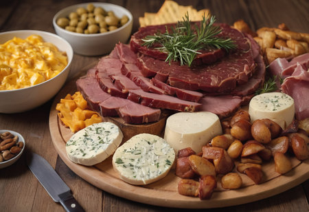 A rustic wooden board showcases the mouthwatering combination of thinly sliced smoked meat and assorted cheeses. The vibrant colors and textures create a visually appealing arrangement, perfect for a charcuterie spread or as an appetizing accompaniment to wine.の素材