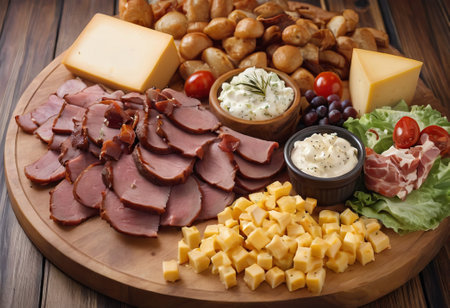 A rustic wooden board showcases the mouthwatering combination of thinly sliced smoked meat and assorted cheeses. The vibrant colors and textures create a visually appealing arrangement, perfect for a charcuterie spread or as an appetizing accompaniment to wine.の素材