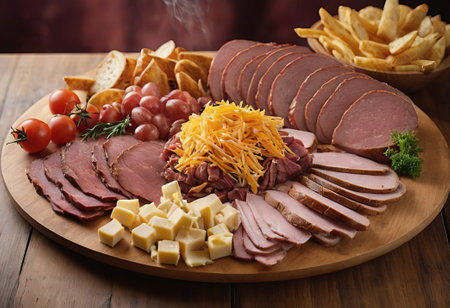 A rustic wooden board showcases the mouthwatering combination of thinly sliced smoked meat and assorted cheeses. The vibrant colors and textures create a visually appealing arrangement, perfect for a charcuterie spread or as an appetizing accompaniment to wine.の素材