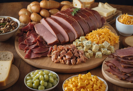 A rustic wooden board showcases the mouthwatering combination of thinly sliced smoked meat and assorted cheeses. The vibrant colors and textures create a visually appealing arrangement, perfect for a charcuterie spread or as an appetizing accompaniment to wine.の素材