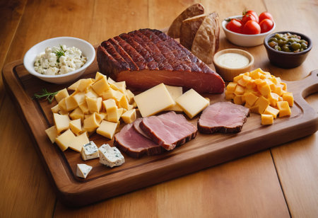 A rustic wooden board showcases the mouthwatering combination of thinly sliced smoked meat and assorted cheeses. The vibrant colors and textures create a visually appealing arrangement, perfect for a charcuterie spread or as an appetizing accompaniment to wine.の素材