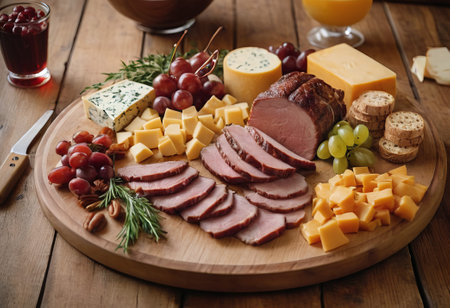 A rustic wooden board showcases the mouthwatering combination of thinly sliced smoked meat and assorted cheeses. The vibrant colors and textures create a visually appealing arrangement, perfect for a charcuterie spread or as an appetizing accompaniment to wine.の素材