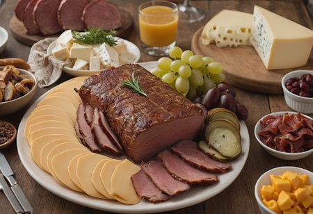 A rustic wooden board showcases the mouthwatering combination of thinly sliced smoked meat and assorted cheeses. The vibrant colors and textures create a visually appealing arrangement, perfect for a charcuterie spread or as an appetizing accompaniment to wine.の素材