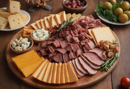 A rustic wooden board showcases the mouthwatering combination of thinly sliced smoked meat and assorted cheeses. The vibrant colors and textures create a visually appealing arrangement, perfect for a charcuterie spread or as an appetizing accompaniment to wine.の素材