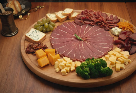 A rustic wooden board showcases the mouthwatering combination of thinly sliced smoked meat and assorted cheeses. The vibrant colors and textures create a visually appealing arrangement, perfect for a charcuterie spread or as an appetizing accompaniment to wine.の素材