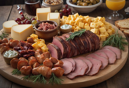 A rustic wooden board showcases the mouthwatering combination of thinly sliced smoked meat and assorted cheeses. The vibrant colors and textures create a visually appealing arrangement, perfect for a charcuterie spread or as an appetizing accompaniment to wine.の素材