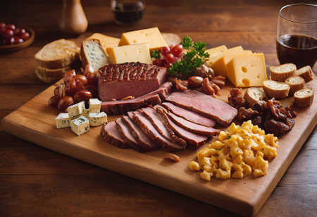 A rustic wooden board showcases the mouthwatering combination of thinly sliced smoked meat and assorted cheeses. The vibrant colors and textures create a visually appealing arrangement, perfect for a charcuterie spread or as an appetizing accompaniment to wine.の素材