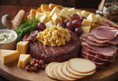 A rustic wooden board showcases the mouthwatering combination of thinly sliced smoked meat and assorted cheeses. The vibrant colors and textures create a visually appealing arrangement, perfect for a charcuterie spread or as an appetizing accompaniment to wine.の素材
