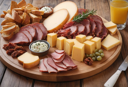 A rustic wooden board showcases the mouthwatering combination of thinly sliced smoked meat and assorted cheeses. The vibrant colors and textures create a visually appealing arrangement, perfect for a charcuterie spread or as an appetizing accompaniment to wine.の素材