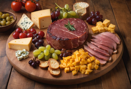 A rustic wooden board showcases the mouthwatering combination of thinly sliced smoked meat and assorted cheeses. The vibrant colors and textures create a visually appealing arrangement, perfect for a charcuterie spread or as an appetizing accompaniment to wine.の素材