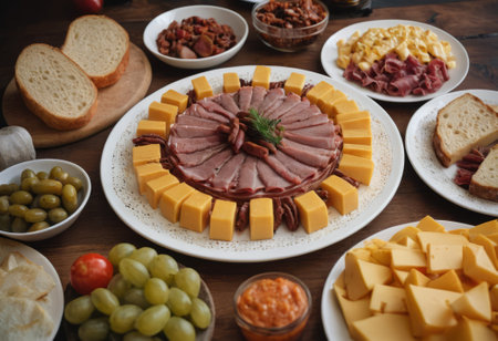 A rustic wooden board showcases the mouthwatering combination of thinly sliced smoked meat and assorted cheeses. The vibrant colors and textures create a visually appealing arrangement, perfect for a charcuterie spread or as an appetizing accompaniment to wine.の素材