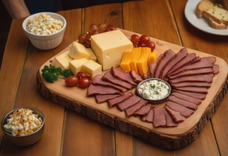 A rustic wooden board showcases the mouthwatering combination of thinly sliced smoked meat and assorted cheeses. The vibrant colors and textures create a visually appealing arrangement, perfect for a charcuterie spread or as an appetizing accompaniment to wine.の素材