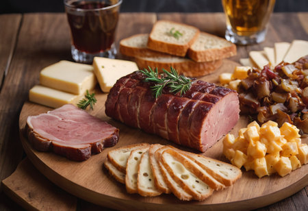 A rustic wooden board showcases the mouthwatering combination of thinly sliced smoked meat and assorted cheeses. The vibrant colors and textures create a visually appealing arrangement, perfect for a charcuterie spread or as an appetizing accompaniment to wine.の素材