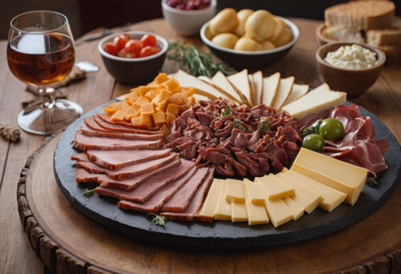 A rustic wooden board showcases the mouthwatering combination of thinly sliced smoked meat and assorted cheeses. The vibrant colors and textures create a visually appealing arrangement, perfect for a charcuterie spread or as an appetizing accompaniment to wine.の素材
