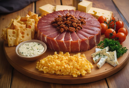 A rustic wooden board showcases the mouthwatering combination of thinly sliced smoked meat and assorted cheeses. The vibrant colors and textures create a visually appealing arrangement, perfect for a charcuterie spread or as an appetizing accompaniment to wine.の素材