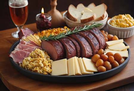 A rustic wooden board showcases the mouthwatering combination of thinly sliced smoked meat and assorted cheeses. The vibrant colors and textures create a visually appealing arrangement, perfect for a charcuterie spread or as an appetizing accompaniment to wine.の素材