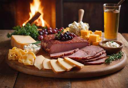 A rustic wooden board showcases the mouthwatering combination of thinly sliced smoked meat and assorted cheeses. The vibrant colors and textures create a visually appealing arrangement, perfect for a charcuterie spread or as an appetizing accompaniment to wine.の素材