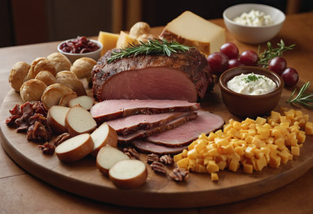 A rustic wooden board showcases the mouthwatering combination of thinly sliced smoked meat and assorted cheeses. The vibrant colors and textures create a visually appealing arrangement, perfect for a charcuterie spread or as an appetizing accompaniment to wine.の素材