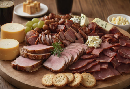 A rustic wooden board showcases the mouthwatering combination of thinly sliced smoked meat and assorted cheeses. The vibrant colors and textures create a visually appealing arrangement, perfect for a charcuterie spread or as an appetizing accompaniment to wine.の素材