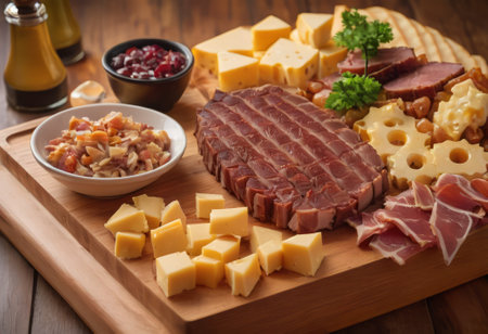 A rustic wooden board showcases the mouthwatering combination of thinly sliced smoked meat and assorted cheeses. The vibrant colors and textures create a visually appealing arrangement, perfect for a charcuterie spread or as an appetizing accompaniment to wine.の素材
