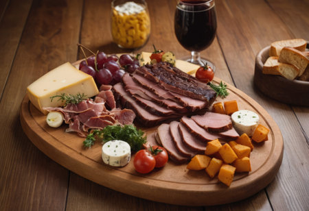 A rustic wooden board showcases the mouthwatering combination of thinly sliced smoked meat and assorted cheeses. The vibrant colors and textures create a visually appealing arrangement, perfect for a charcuterie spread or as an appetizing accompaniment to wine.の素材