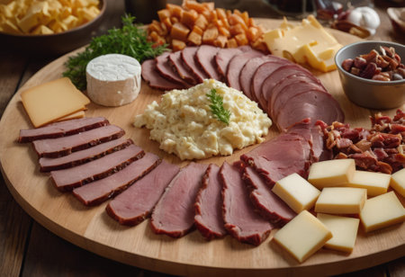 A rustic wooden board showcases the mouthwatering combination of thinly sliced smoked meat and assorted cheeses. The vibrant colors and textures create a visually appealing arrangement, perfect for a charcuterie spread or as an appetizing accompaniment to wine.の素材