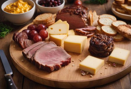 A rustic wooden board showcases the mouthwatering combination of thinly sliced smoked meat and assorted cheeses. The vibrant colors and textures create a visually appealing arrangement, perfect for a charcuterie spread or as an appetizing accompaniment to wine.の素材