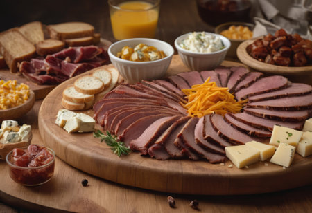 A rustic wooden board showcases the mouthwatering combination of thinly sliced smoked meat and assorted cheeses. The vibrant colors and textures create a visually appealing arrangement, perfect for a charcuterie spread or as an appetizing accompaniment to wine.の素材